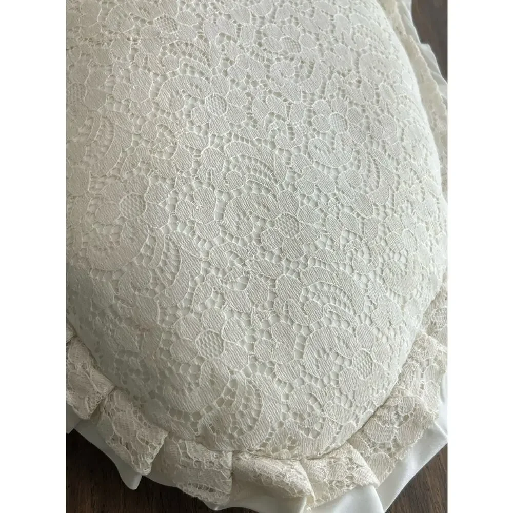 Vintage Satin & Lace Ruffles Oval Ivory Throw Pillow 20x13 Romantic Boudoir